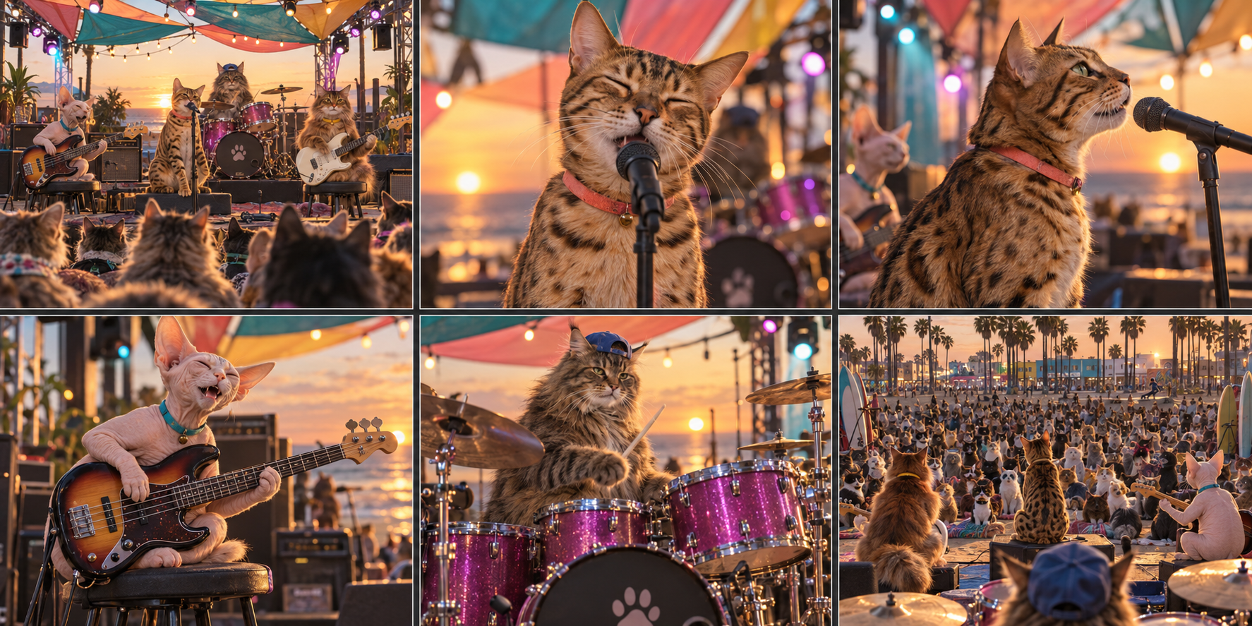 Six-shot Venice Beach cat festival board showing exotic feline band and reverse crowd view